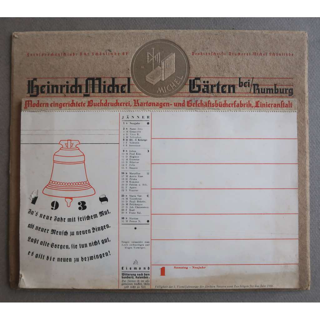 Tischkalender der Firma Heinrich Michel für das Jahr 1938 [reklamní kalendář tiskárny Heinrich Michel, Zahrady u Rumburka, Krásná Lípa, o. Děčín]