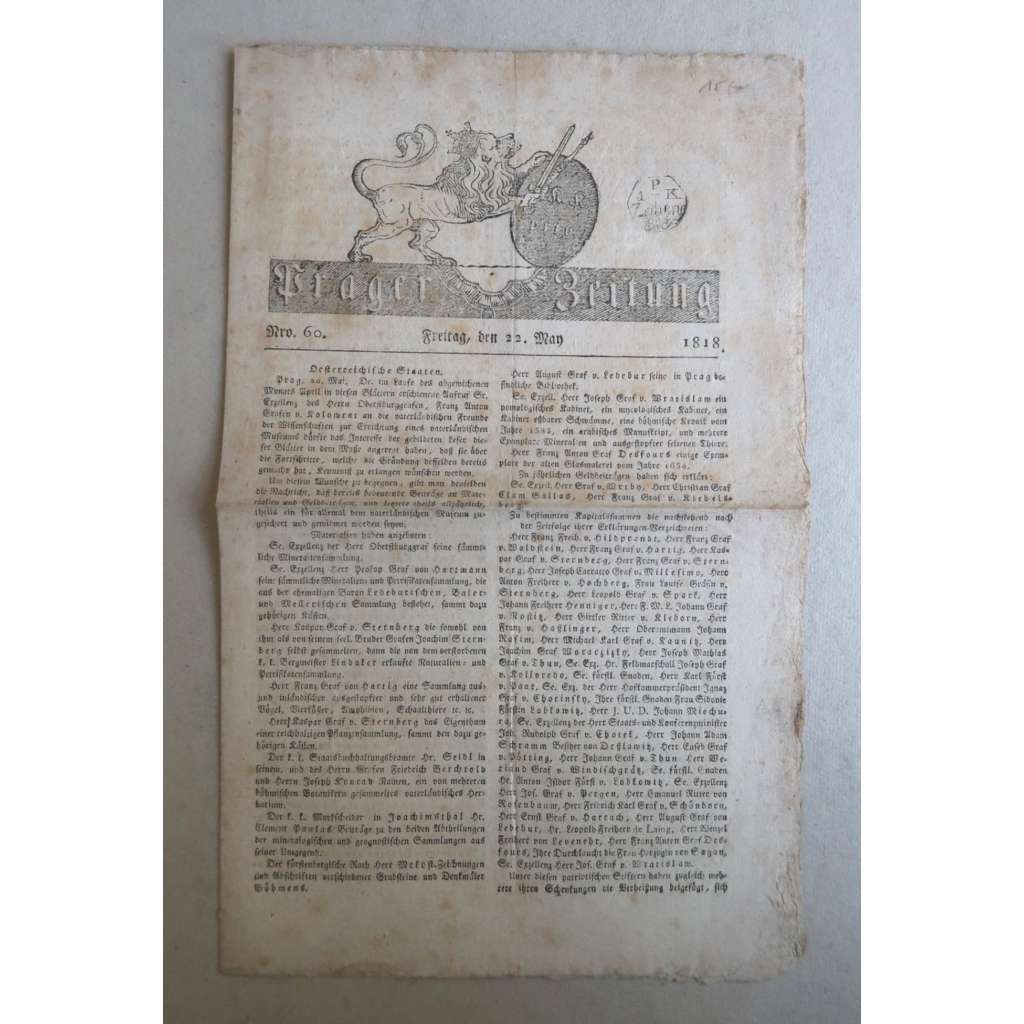 K. k. priv. Prager Zeitung, Nro. 60, Freitag, den 22. May 1818 [Kaiserlich-königliche privilegierte Prager Zeitung, 22. 5. 1818] [noviny 19. století - oficiální úřední list pro České království]