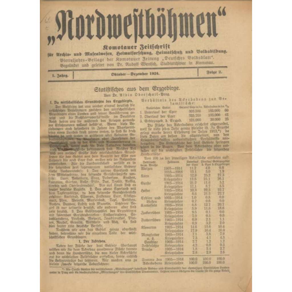 "Nordwestböhmen". Komotauer Zeitschrift für Archiv- und Musealwesen, Heimatforschung, Heimatschutz und Volksbildung ... 1. Jahrg., Oktober-Dezember 1924, Folge 2.	[Chomutov, noviny, místopis, Sudety]