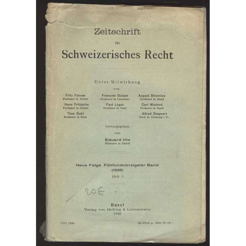 Zeitschrift für Schweizerisches Recht. Neue Folge, 45. Band (1926), Heft 3	[časopis, právo, Švýcarsko]