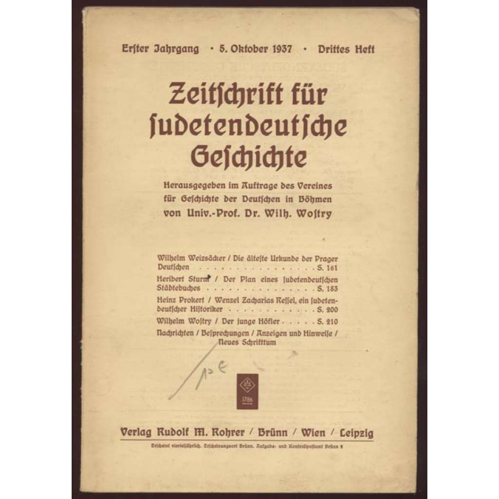 Zeitschrift für sudetendeutsche Geschichte; Erster Jahrgang, drittes Heft, 5. Oktober 1937	[Sudety, dějiny, časopis]