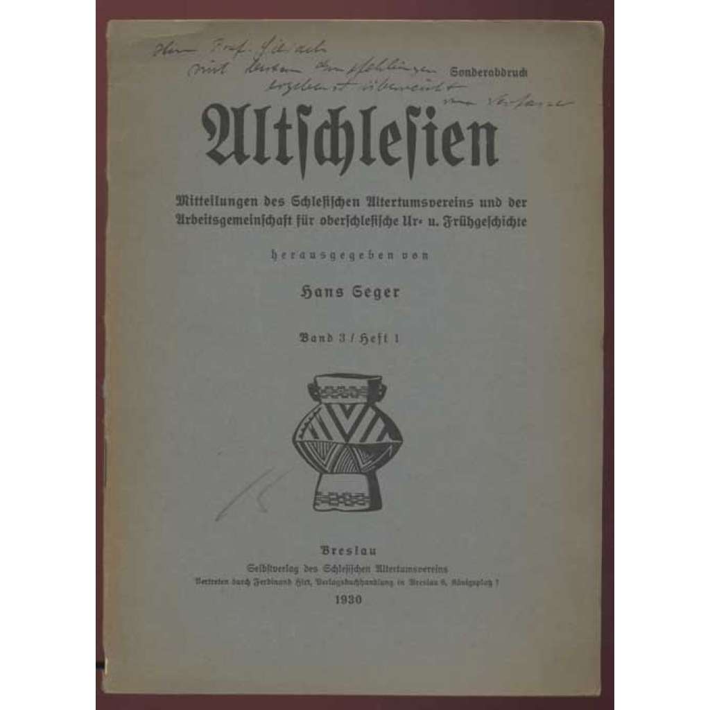 "Zur Herkunft der Wandalen“ zvláštní otisk z Altschlesien. Mitteilungen des Schlesischen Altertumsvereins und der Arbeitsgemeinschaft für oberschlesische Ur- u. Frühgeschichte, Band 3, Heft 1 [původ Vandalů]