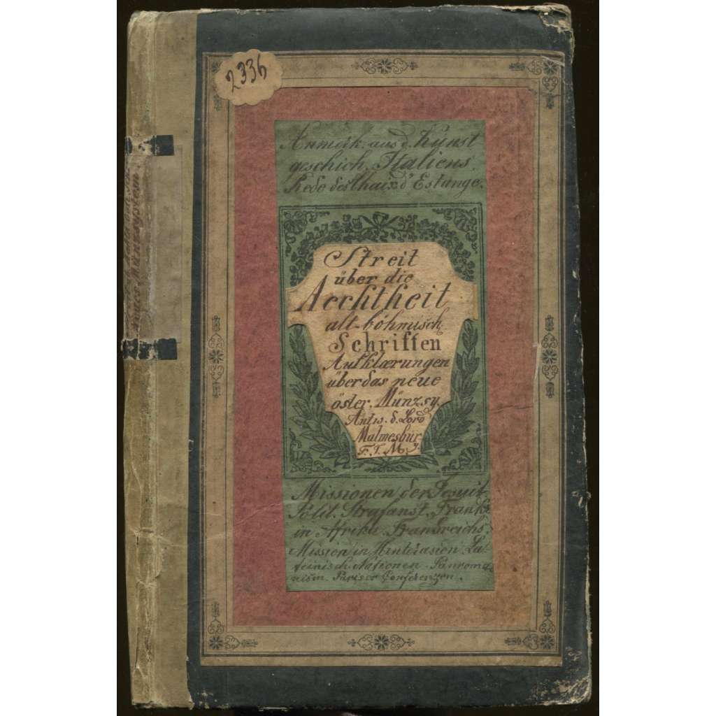 [notýsek s rukou psanými poznámkami z r. 1858 k různým tématům; mj. Rukopisy Královédvorské a Zelenohorské, politika a dějiny umění]