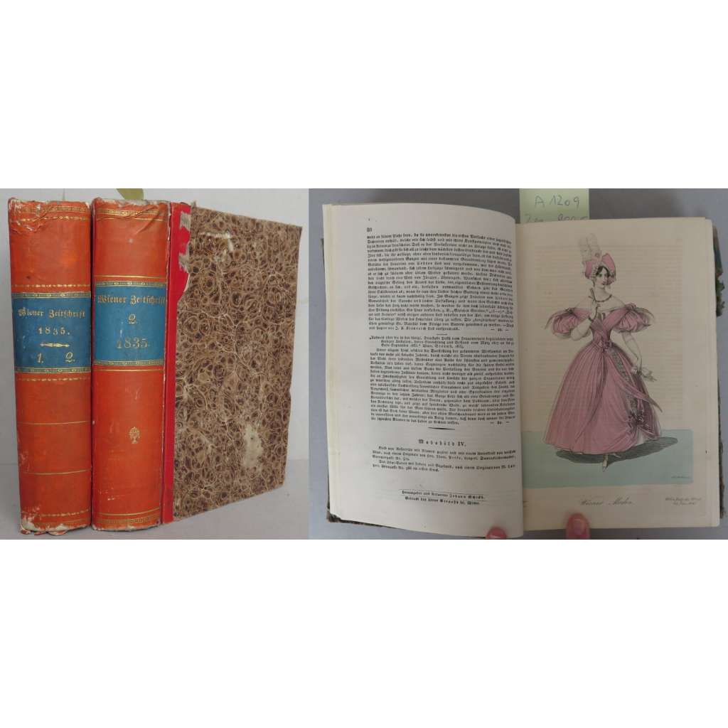 Wiener Zeitschrift für Kunst, Literatur, Theater und Mode. 1835. Erstes-Viertes Quartal [2 svazky, Jänner-Dezember, č. 1-157; móda, kolorované mědiryty, vazba]