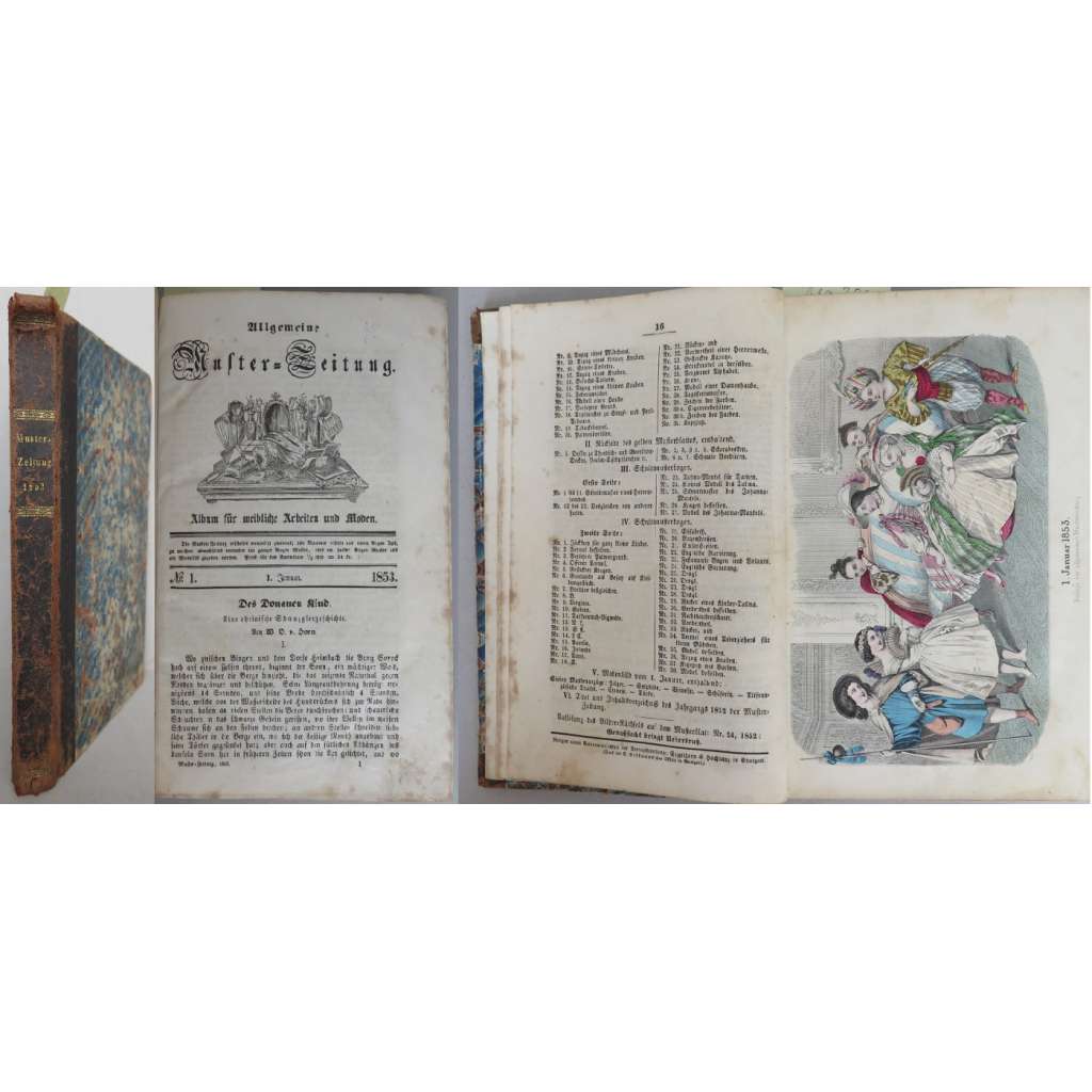 Allgemeine Muster-Zeitung. Album für weibliche Arbeiten und Moden 1853, 10. Jahrgang [domácí práce, móda, kolorované litografie, vazba kůže]