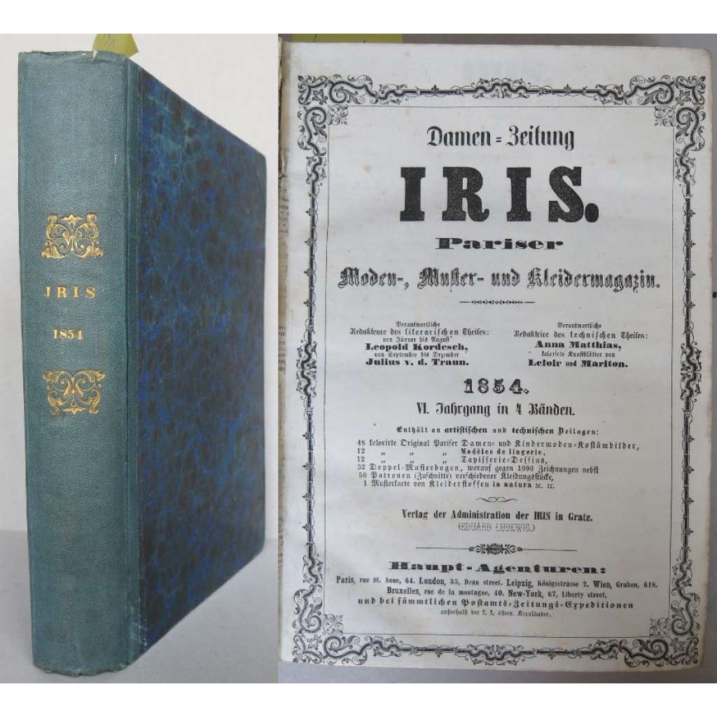 IRIS. Pariser Damen-Zeitung. Moden-, Muster- und Kleidermagazin; VI. Jahrgang in 4 Bänden, 1854 [móda, kolorované litografie, staré tisky]