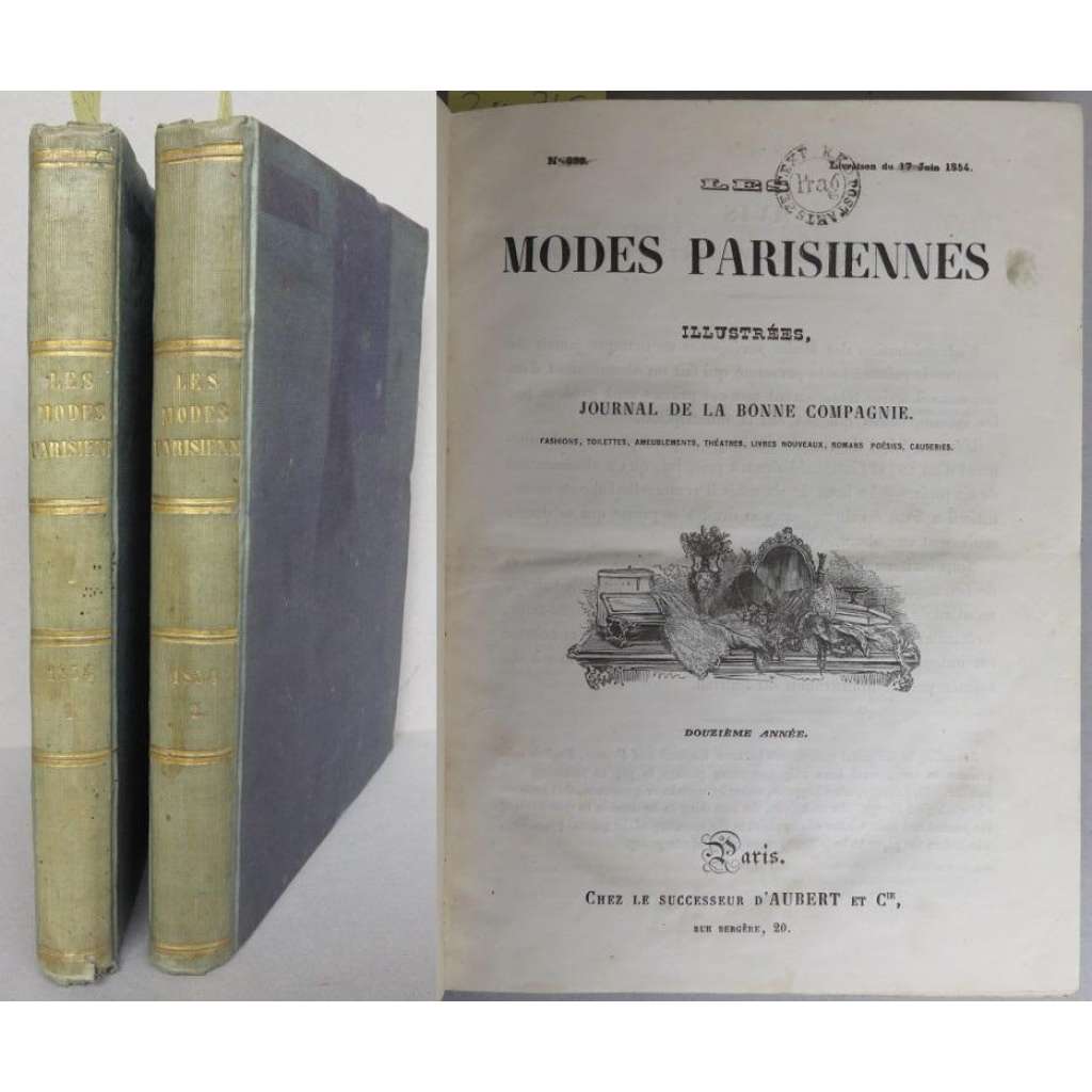 Les Modes Parisiennes Illustrées. Journal de la bonne compagnie. Fashions, toilettes, ameublements, théatres, livres nouveaux, romans poésies, causeries. Douzième année (1854) [móda, barevné litografie, staré tisky]