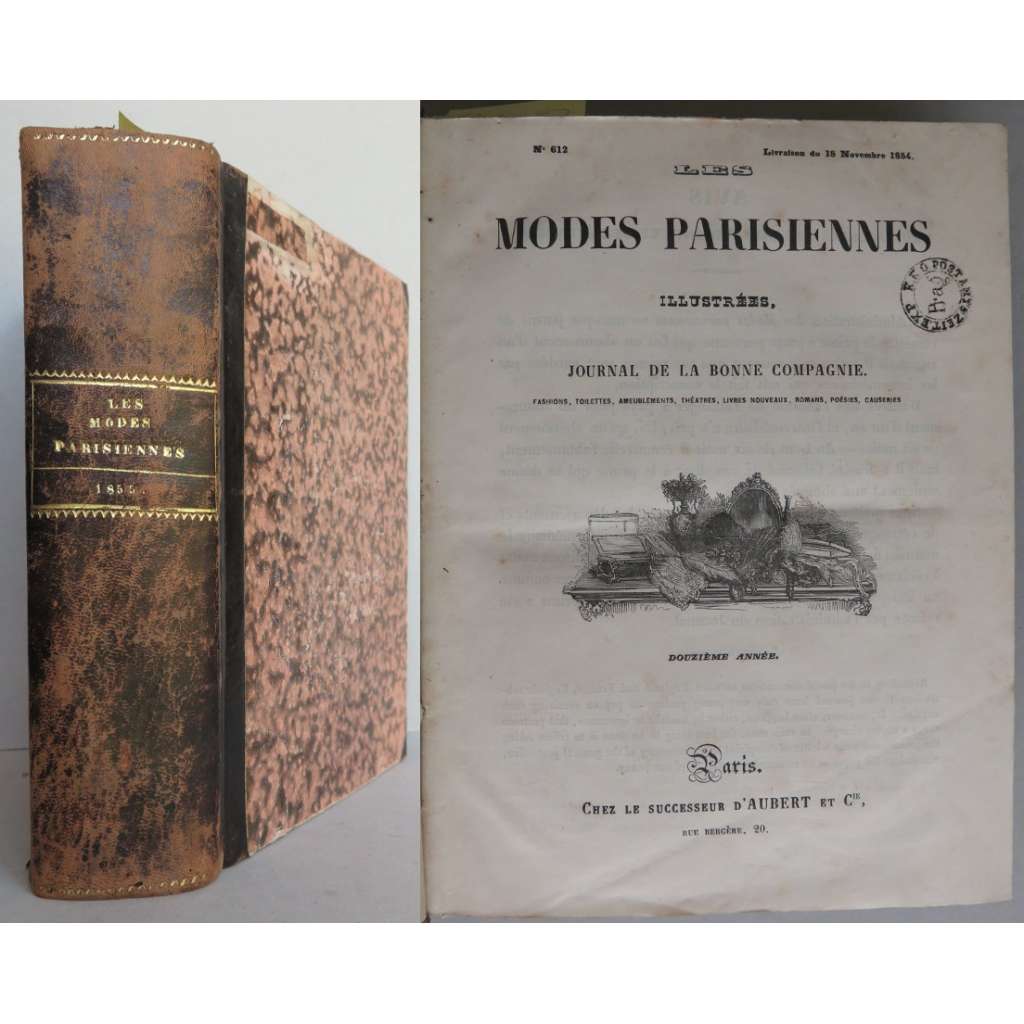 Les Modes Parisiennes Illustrées, Journal de la bonne compagnie. Fashions, toilettes, ameublements, théatres, livres nouveaux, romans, poésies, causeries; douzième année, Novembre 1854 - Decembre 1855 [móda, staré tisky, kolorované litografie]