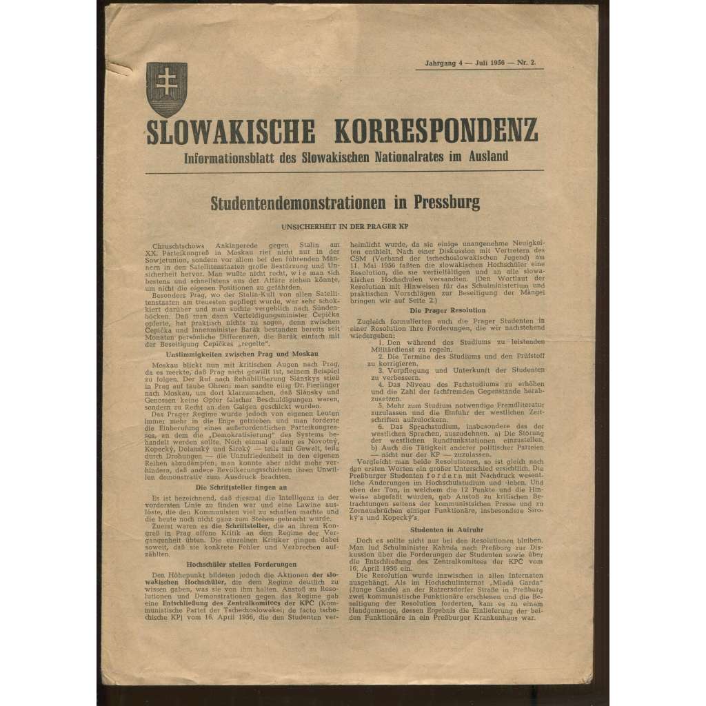 Slowakische Korrespondenz. Informationsblatt des Slowakischen Nationalrates im Ausland ... [konvolut, Slovensko, 3. odbor, československý protikomunistický odboj, exil]