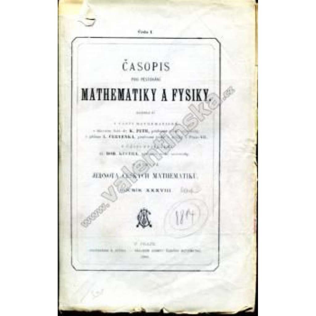 Časopis pro pěstování mathematiky a fysiky, roč. 38, 1908-1909, číslo I-V. (časopis, matematika, fyzika)