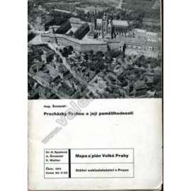 Procházky Prahou a její pamětihodnosti (Praha, průvodce, mj. Wilsonovo nádraží, Masarykovo nádraží, Smíchovské nádraží, Denisovo nádraží; graf. úprava Ladislav Sutnar)