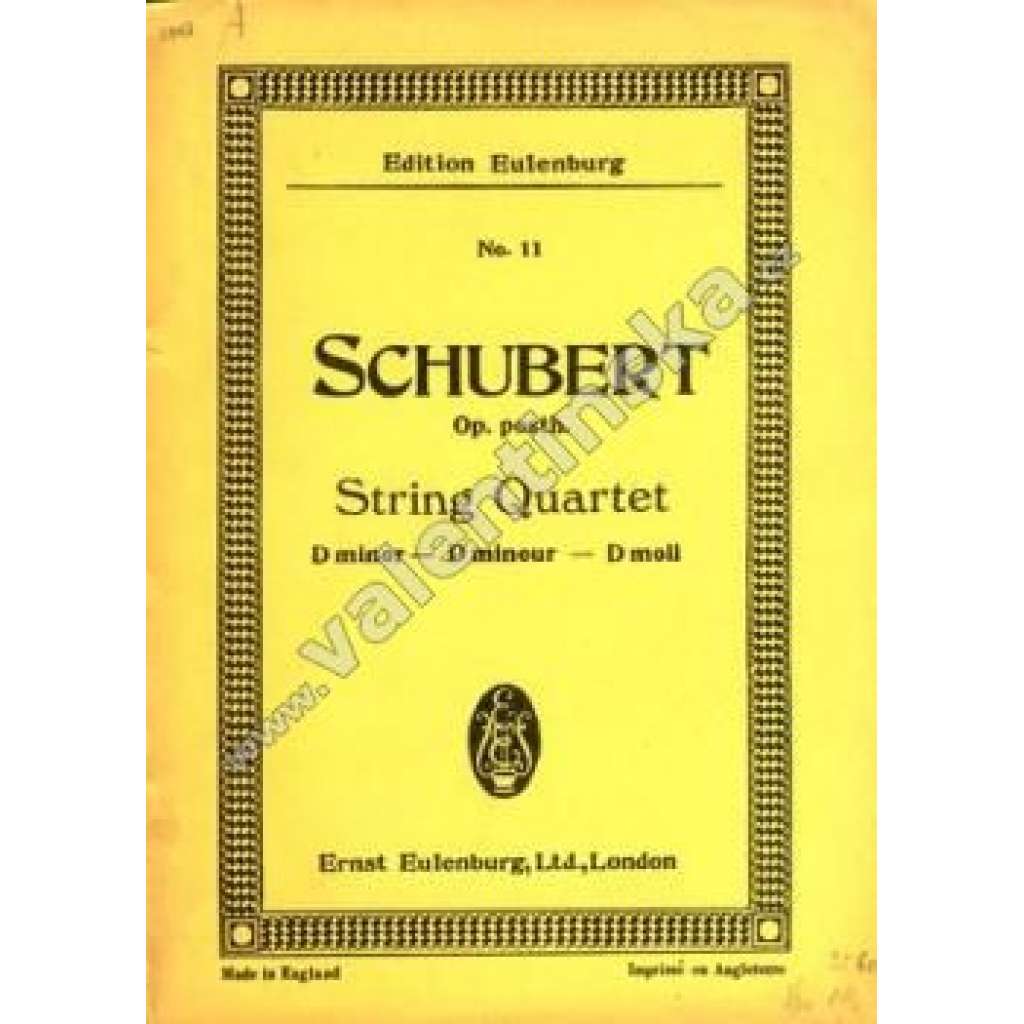 String Quartet  D minor-D mineur-D moll (noty, smyčcový kvartet, housle, viola, violoncello)