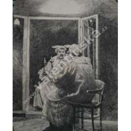 Před zrcadlem, kresba, podpis,  Josef Liesler (1912 - 2005)