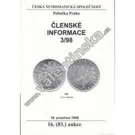 Členské informace 3/98. Česká numismatická společnost (Numismatika, aukční katalog, mj. Tzv. Paprsková koruna na římských mincích)