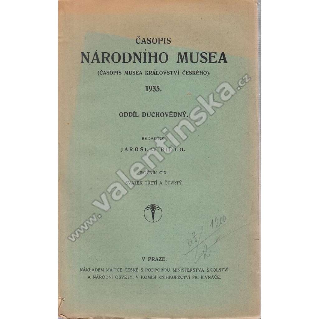 Časopis Národního musea, 1935, oddíl duchovědný