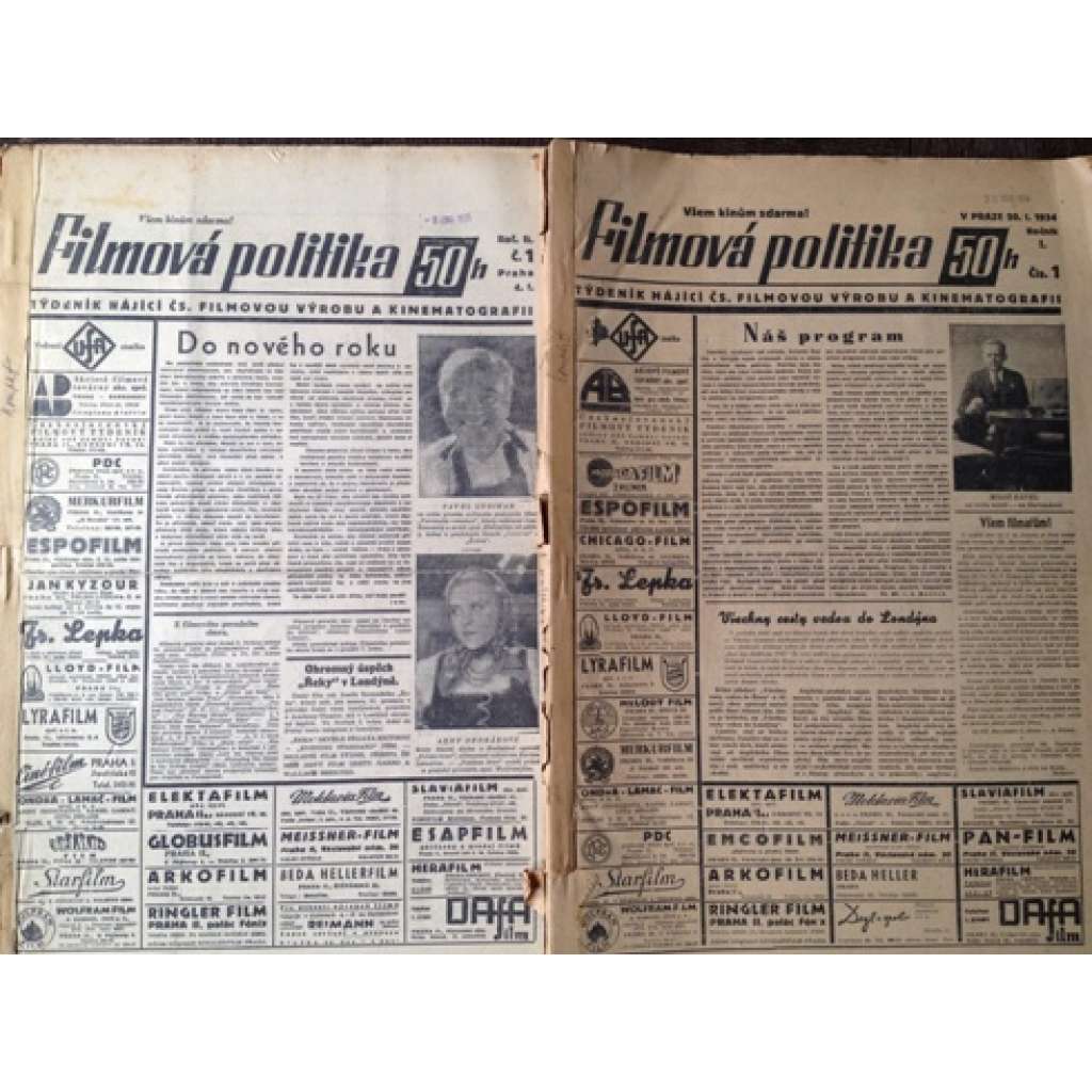 Filmová politika 1934-1935, týdeník hájící čs. filmovou výrobu a kinematogafii (film, časopis, mj. i Miloš Havel, Hugo Haas)
