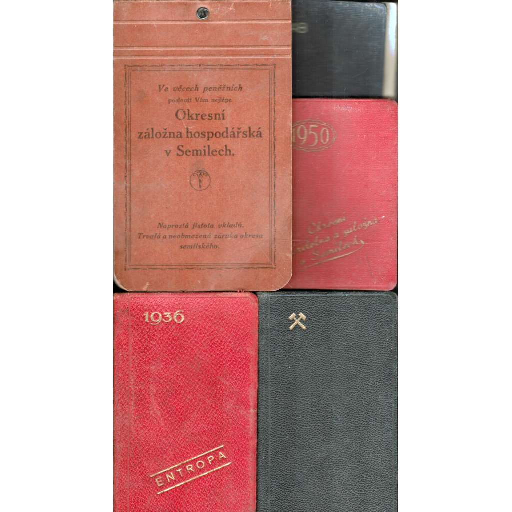 Okresní záložna hospodářská v Semilech (blok+ 4 kapesní kalendáře z roku 1936, 1936, 1948, 1950; Semily)