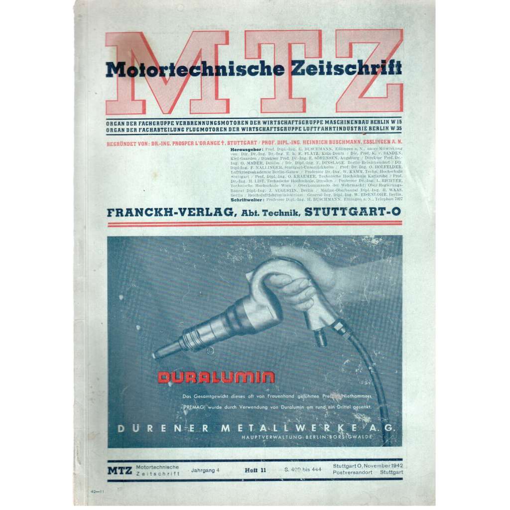 MTZ Motortechnische Zeitschrift [časopis pro motorismus; ročník 4, sešit 11, list. 1942]