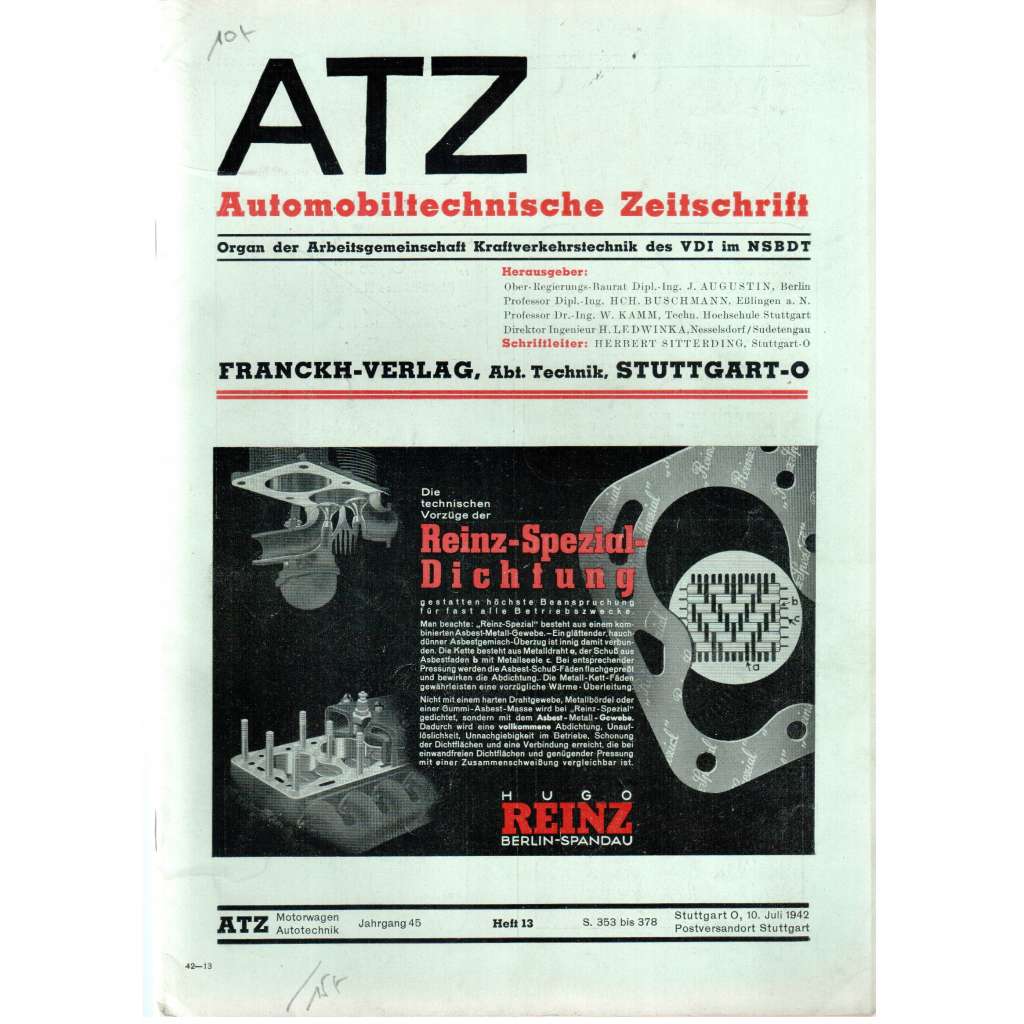 ATZ Automobiltechnische Zeitschrift [časopis pro automobilismus; ročník 45, sešit 13, červenec 1942]