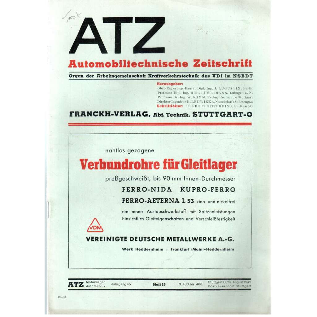 ATZ Automobiltechnische Zeitschrift [časopis pro automobilismus; ročník 45, sešit 16, srpen 1942]
