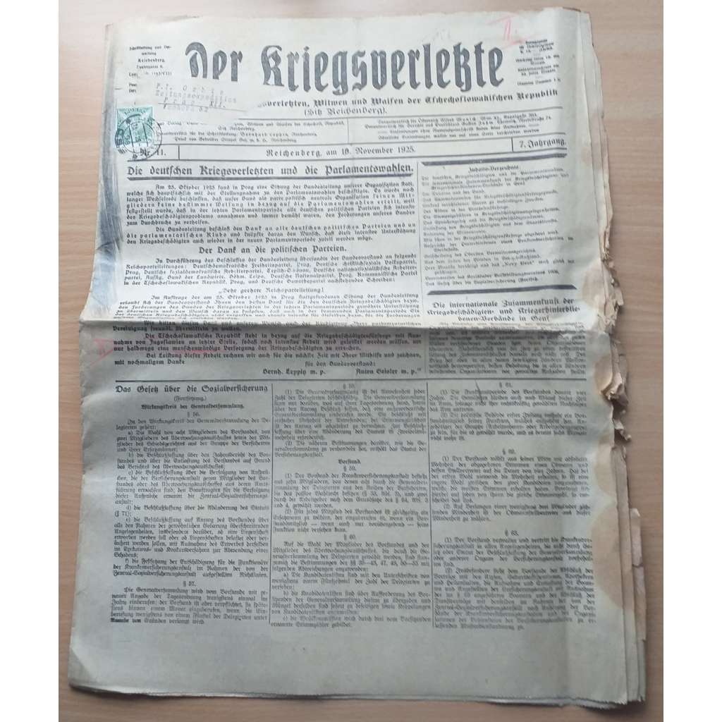 Der Kriegsverlezte. 10. November 1925. 7. Jahrgang [historie, sudetoněmecké noviny; 7. ročník]