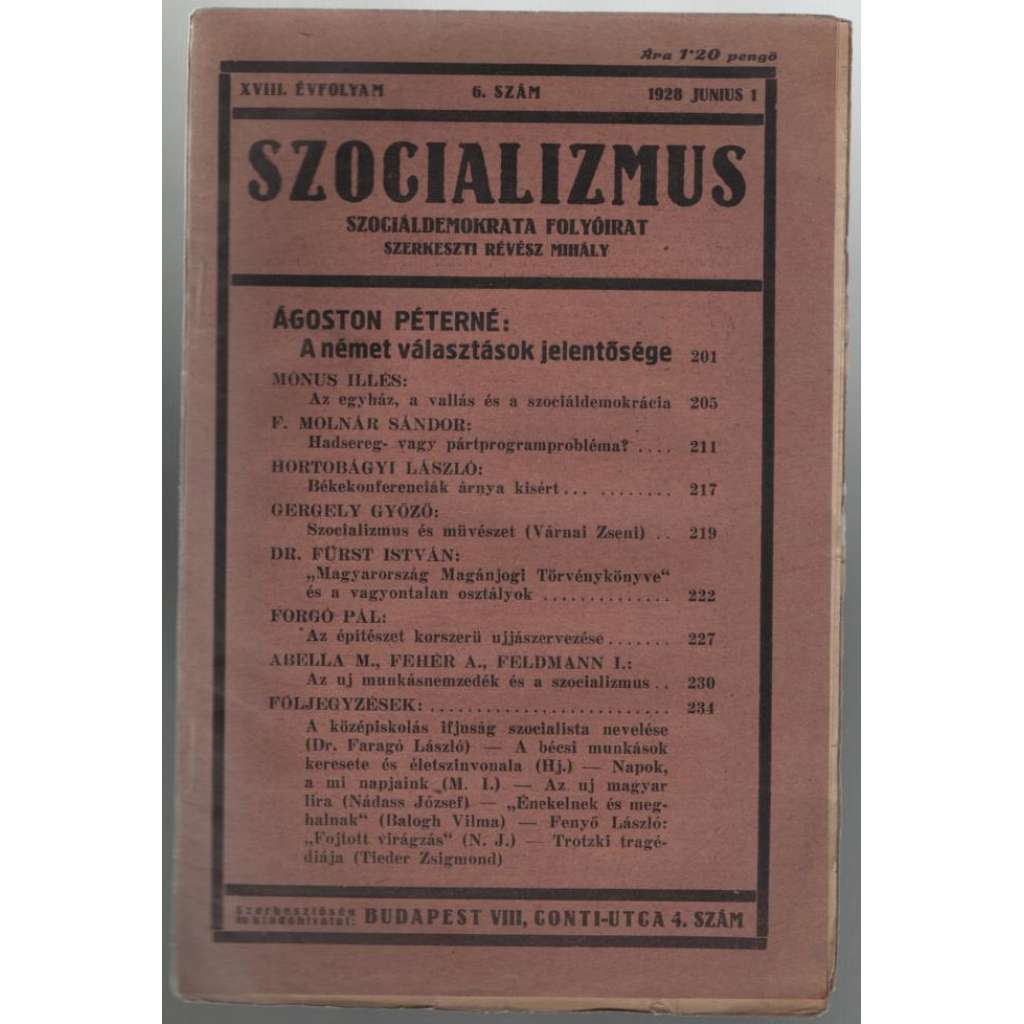 Szocializmus, Szociáldemokrata folyóirat; XVIII. évfolyam, 6. szám, 1928 junius 1 [maďarský časopis o politice]