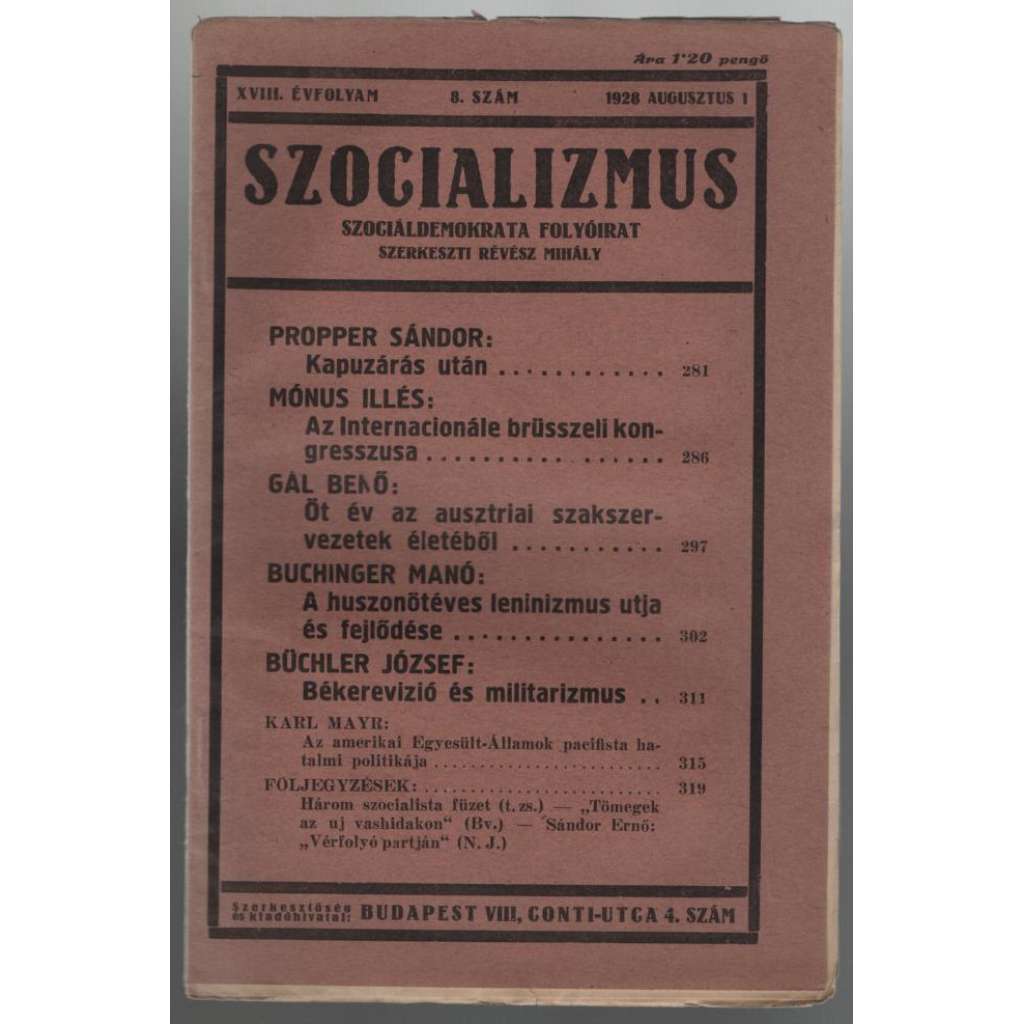Szocializmus, Szociáldemokrata folyóirat; XVIII. évfolyam, 8. szám, 1928 augusztus 1 [maďarský časopis o politice]