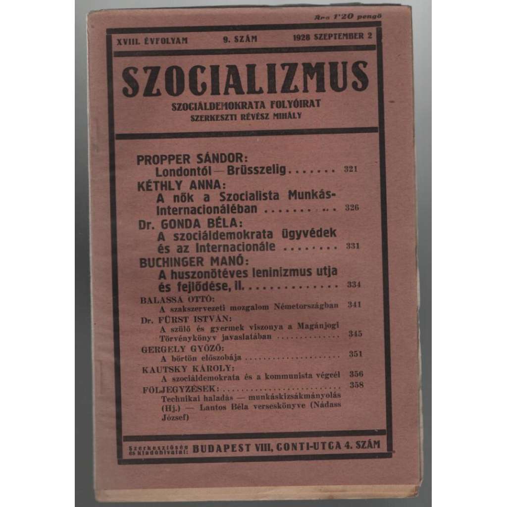 Szocializmus, Szociáldemokrata folyóirat; XVIII. évfolyam, 9. szám, 1928 szeptember 2 [maďarský časopis o politice]