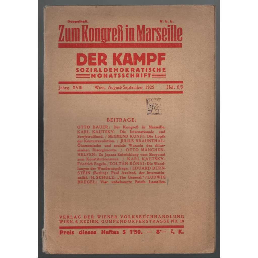 Der Kampf, Sozialdemokratische Monatsschrift; Jahrg. XVIII, August-September 1925, Heft 8/9 [měsíčník rakouské soc.dem.]