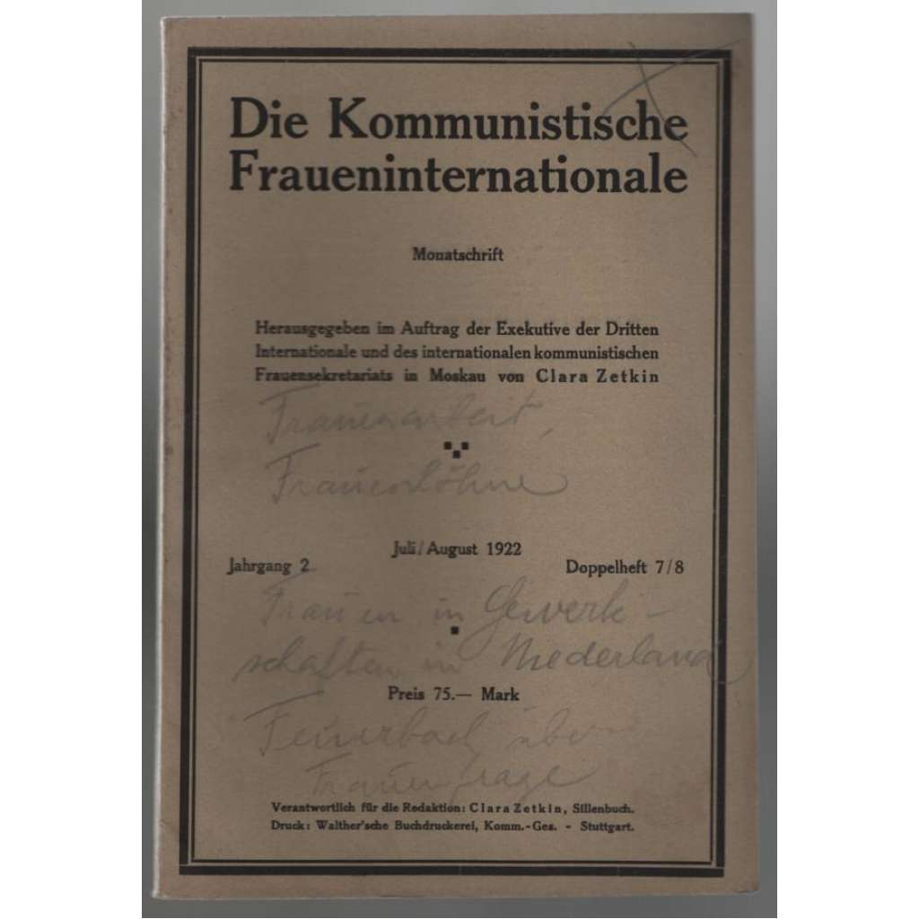 Die Kommunistische Fraueninternationale; Jahrgang 2, Juli/August 1922, Doppelheft 7/8  [Komunist. internacionála žen]