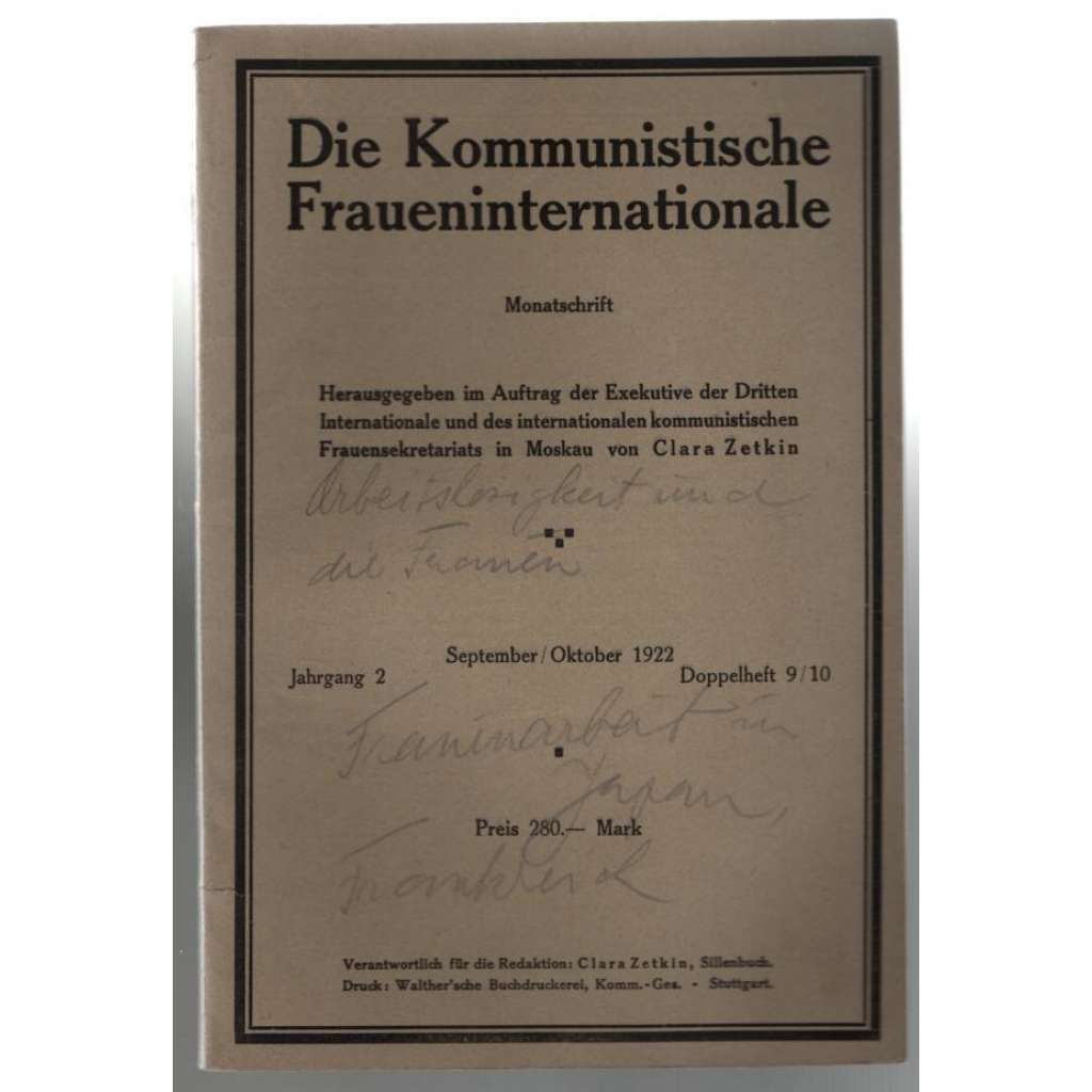 Die Kommunistische Fraueninternationale; Jahrgang 2, September/Oktober 1922, Doppelheft 9/10 [Komunist.internacionála žen]