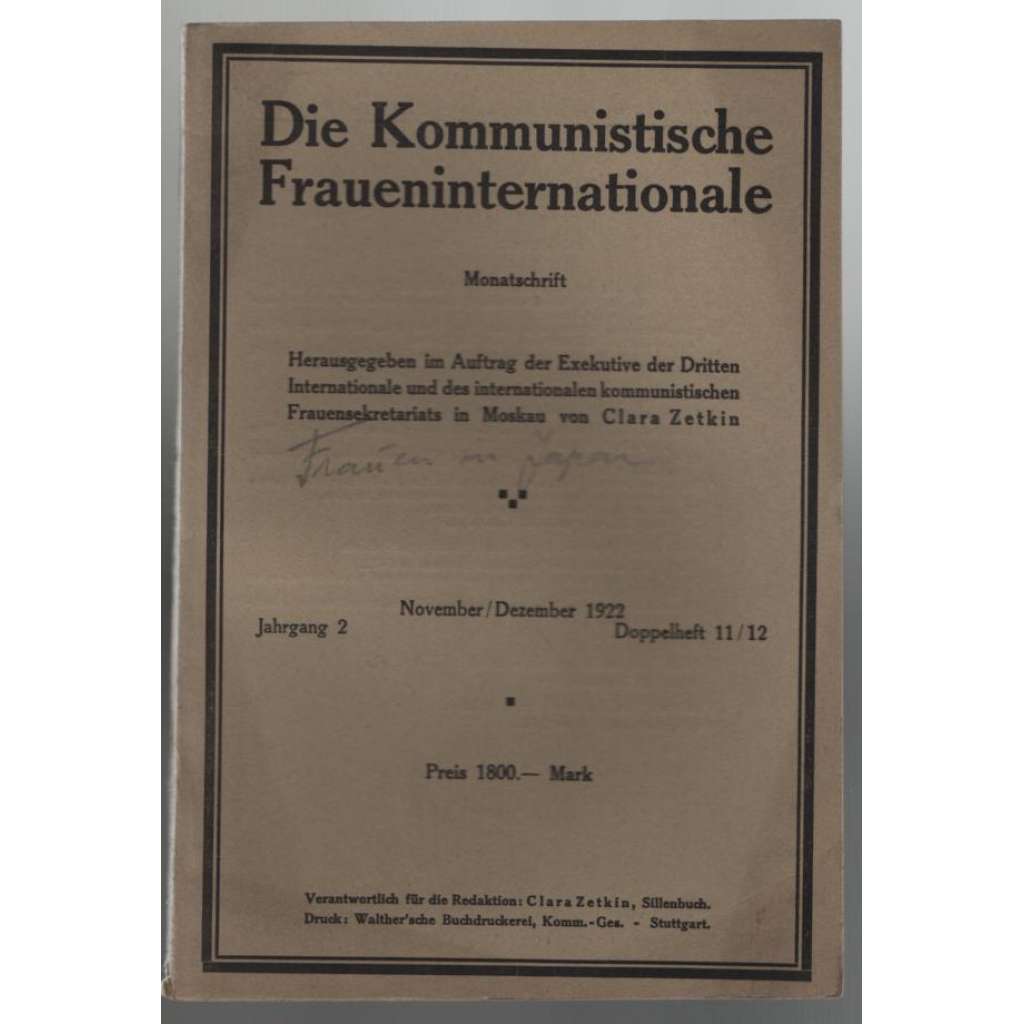 Die Kommunistische Fraueninternationale; Jahrgang 2, November/Dezember 1922, Doppelheft 11/12 [Komunist.internacionála žen]