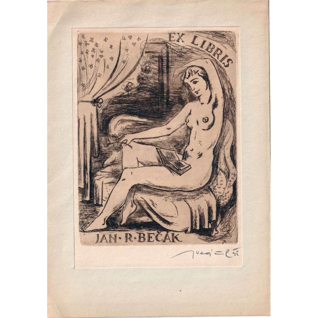 Jiří Vláčil – Ex libris erotické, Jan R. Bečák (dívčí akt, erotika) podpis lept