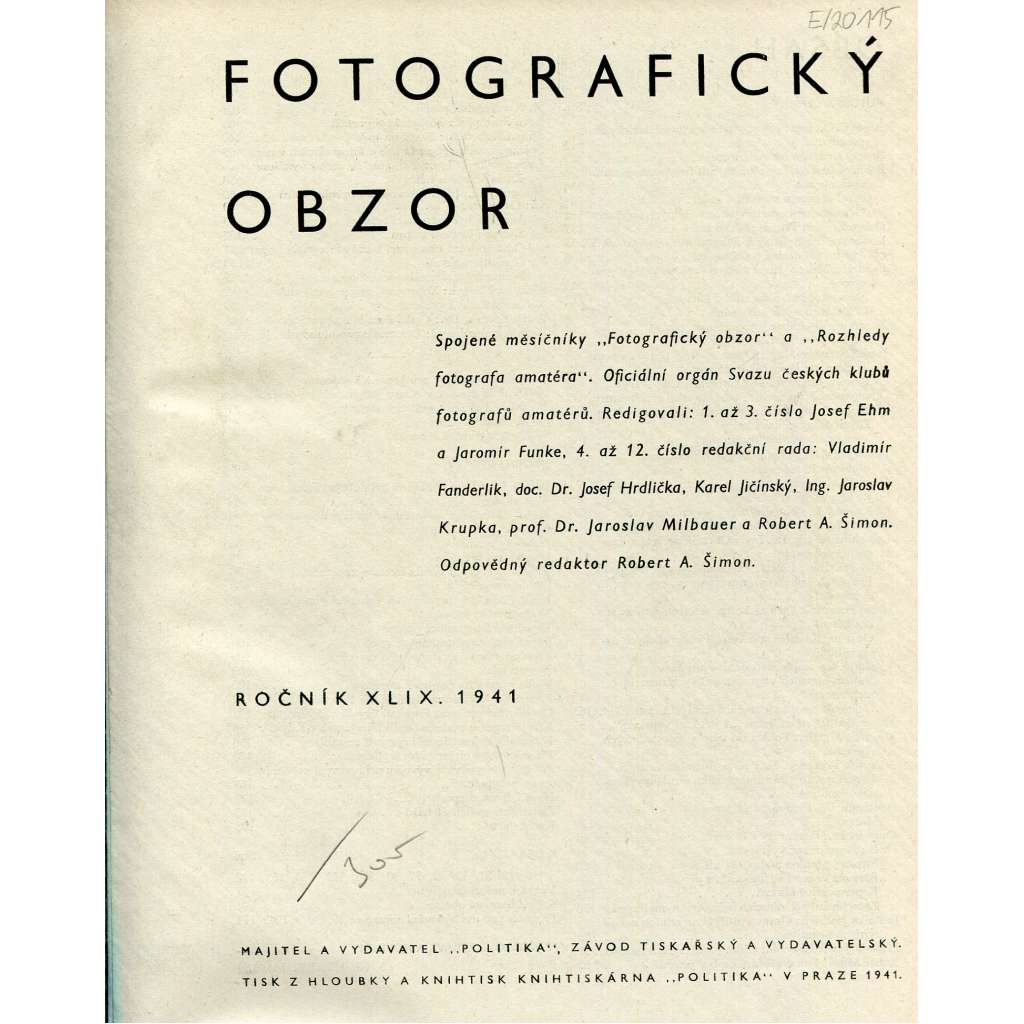 Fotografický obzor 1941, roč. XLIX. (umělecká fotografie, Ehm, Sudek)