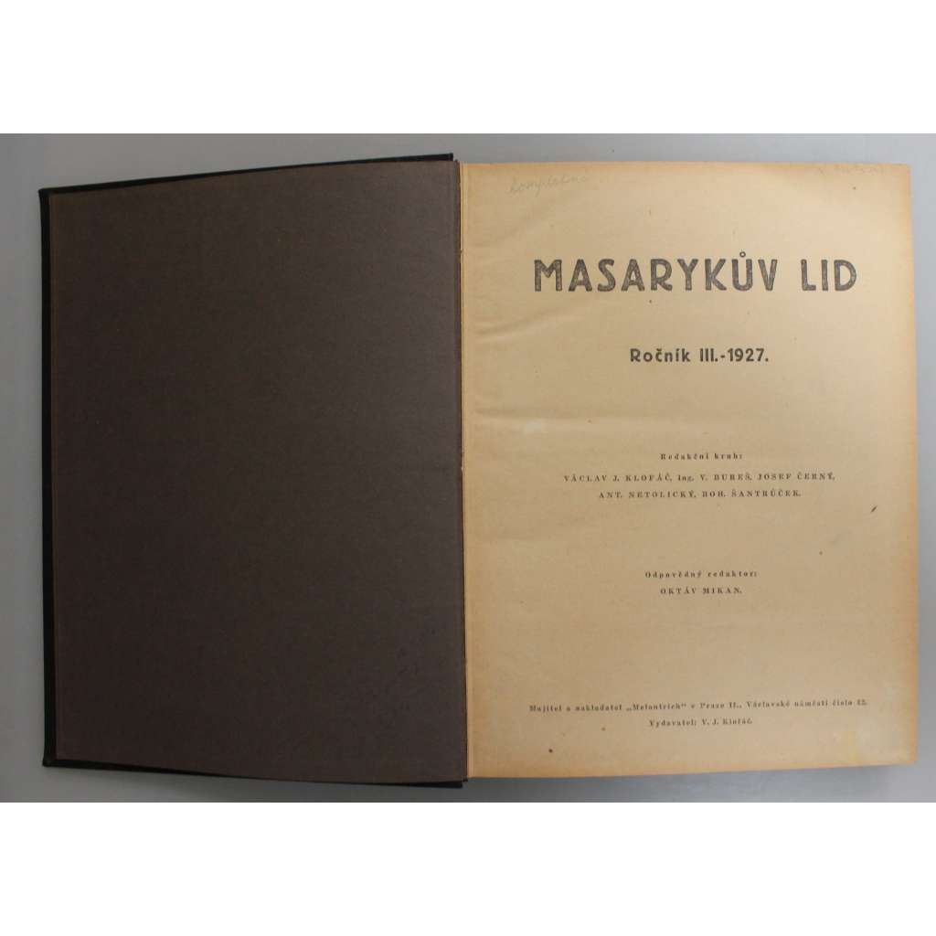 Masarykův lid, ročník III. 1927 (časopis, noviny, národní socialisté, první republika, mj. Masaryk)