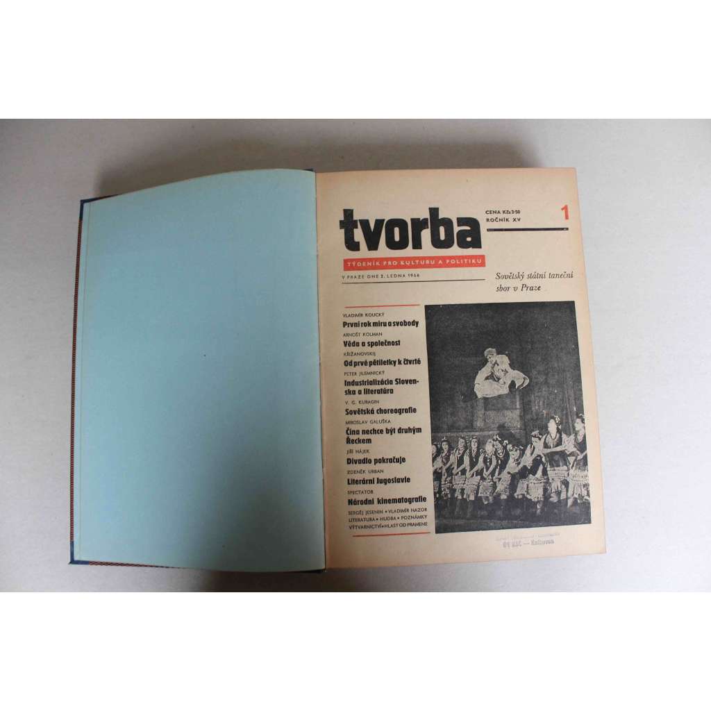 Tvorba. Týdeník pro kulturu a politiku, ročník XV 1946 (časopis, komunismus, mj. Lenin a český národ, Ota Šik - Dělníci a střední vrstvy, Úřednická dvouletka, Existencialismus, Marx a Hegel, Picassovy politické obrazy, František Kupka)