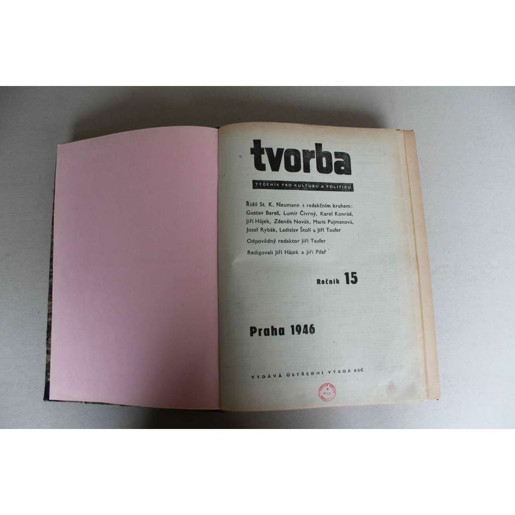 Tvorba. Týdeník pro kulturu a politiku, ročník XV 1946 (časopis, komunismus, mj. Lenin a český národ, Ota Šik - Dělníci a střední vrstvy, Úřednická dvouletka, Existencialismus, Marx a Hegel, Picassovy politické obrazy, František Kupka)