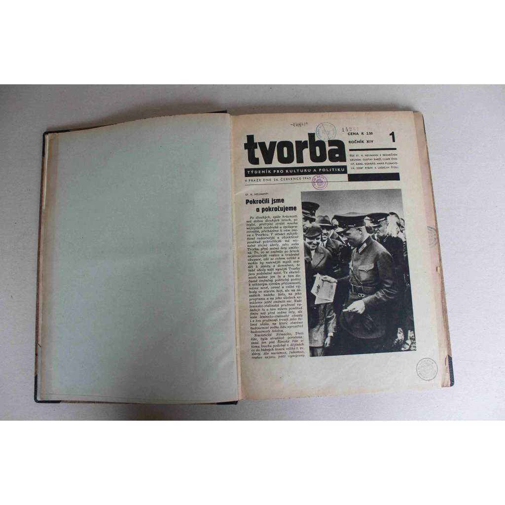 Tvorba. Týdeník pro kulturu a politiku, ročník XIV 1945 (časopis, komunismus, mj. Osídlení pohraničí, Volíme Prozatímní národní shromáždění, Kurt Konrad, Louis Aragon a Romain Rolland)