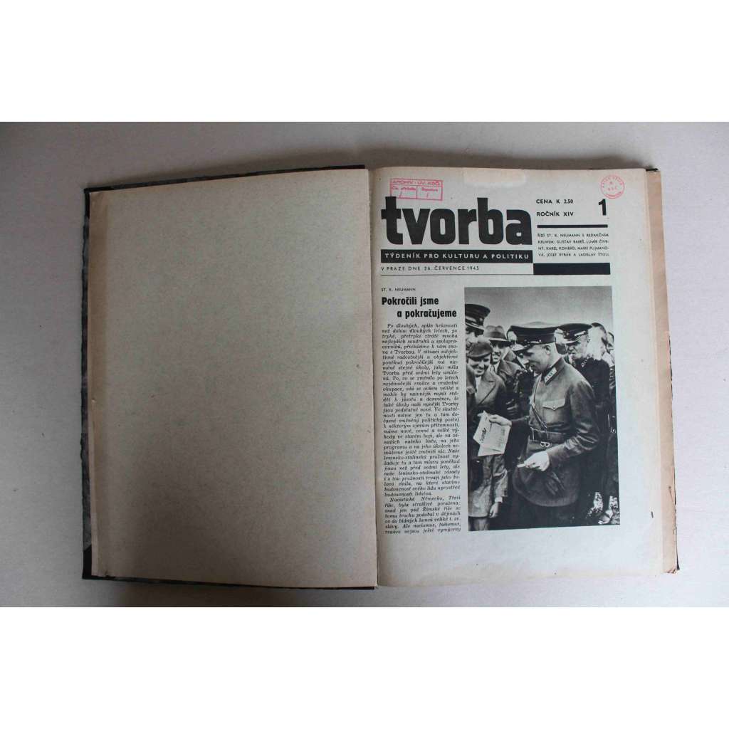 Tvorba. Týdeník pro kulturu a politiku, ročník XIV 1945 (časopis, komunismus, mj. Osídlení pohraničí, Volíme Prozatímní národní shromáždění, Kurt Konrad, Louis Aragon a Romain Rolland)