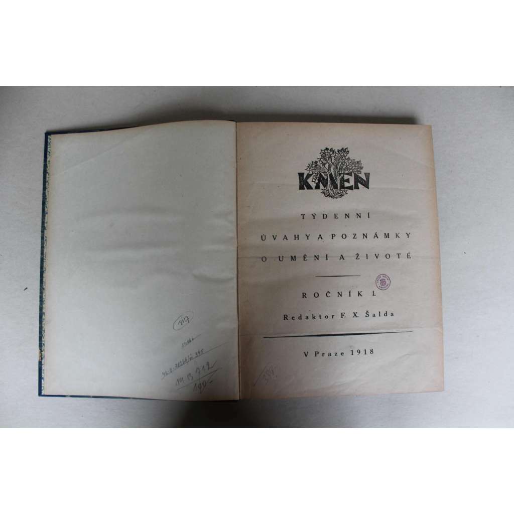 Kmen. Týdenní úvahy a poznámky o umění a životě 1918, roč. I. (časopis, týdeník, mj. J. Deml - Příroda v díle Otokara Březiny, P. Janák - Postavme pomník Smetanovi; Beethoven a Smetana; Otakar Theer, Básnické dílo Antonína Sovy; Björnstjerne Björnson)