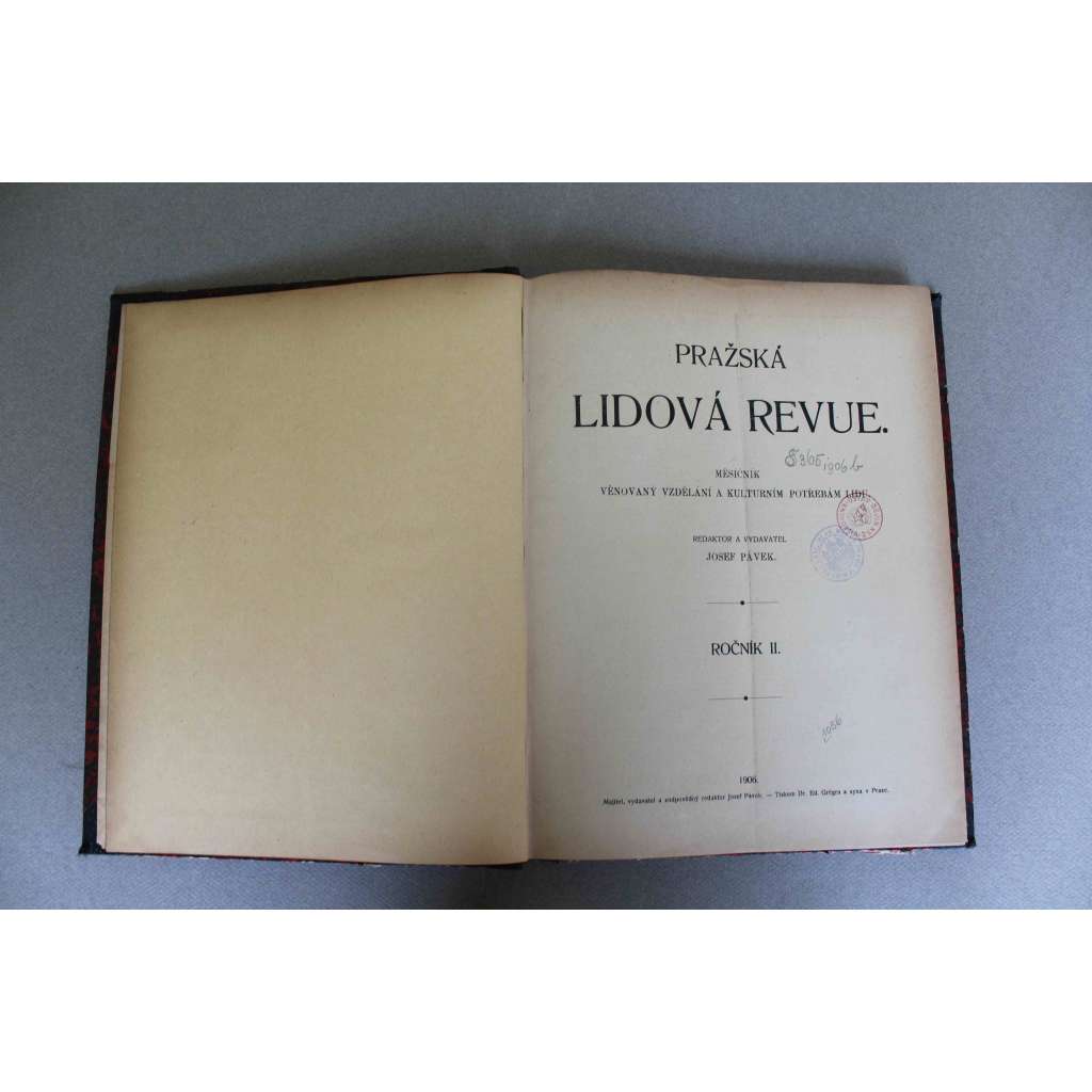 Pražská lidová revue 1906, roč. II. (časopis, měsíčník, kultura, beletrie, literatura, divadlo mj. J. Vrchlický - Čím stůně IV. třída české akademie; T. G. Masaryk - Žurnalistika v malém národě; J. Zubatý - Buddhismus; Z. Nejedlý - Jubileum Mozartovo)