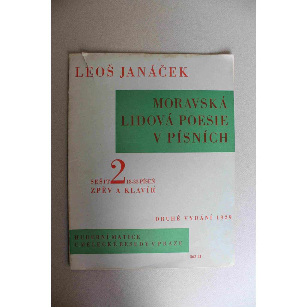 Moravská lidová poesie v písních. Zpěv a klavír. Sešit 2. (18.-33. píseň) (noty, piano, mj. Koníčky milého, Tíha, Památky, Slib)
