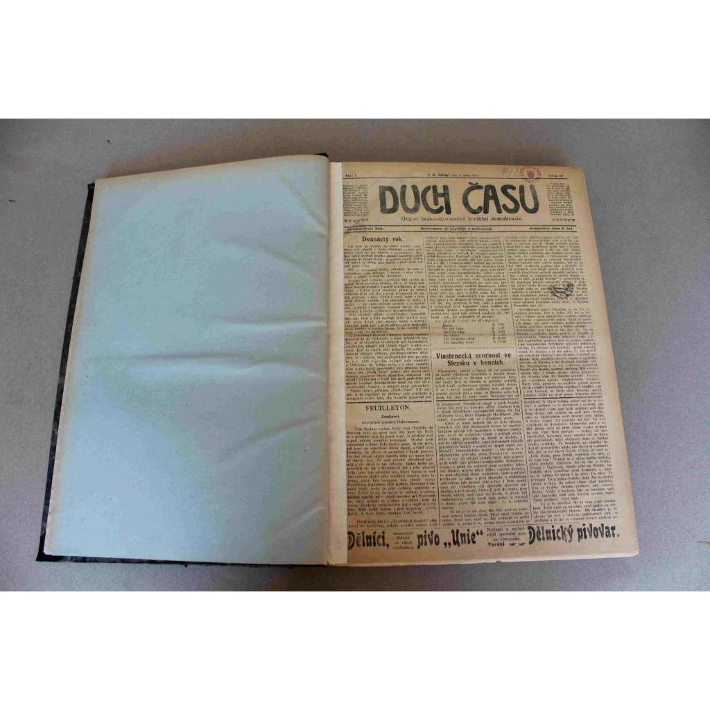 Duch Času. Orgán česko-slovanské sociálně-demokratické 1911, roč. XII. (noviny, Sociální demokracie, Morava, Slezsko, mj. Polská Ostrava, České školství ve Slezsku, Oběti ruské protirevoluce, Politický diletantismus; inzerce mj. i Baťa)