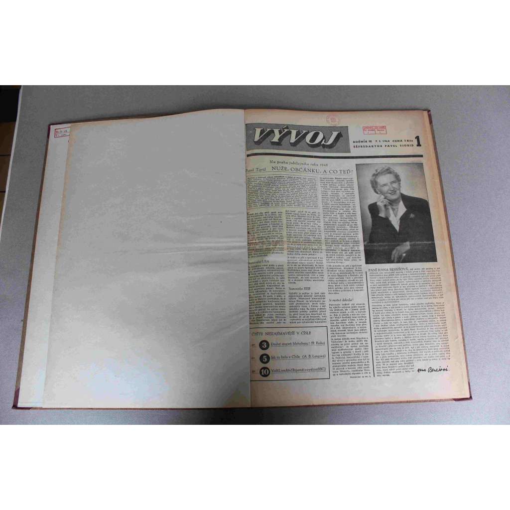 Vývoj 1948, roč. III. (leden-únor) (časopis, politika, kultura, mj. Paní Hana Benešová, O Marshallův plán, O jednotě Evropy, Pozemková revoluce pokračuje, Arcibiskup Beran)