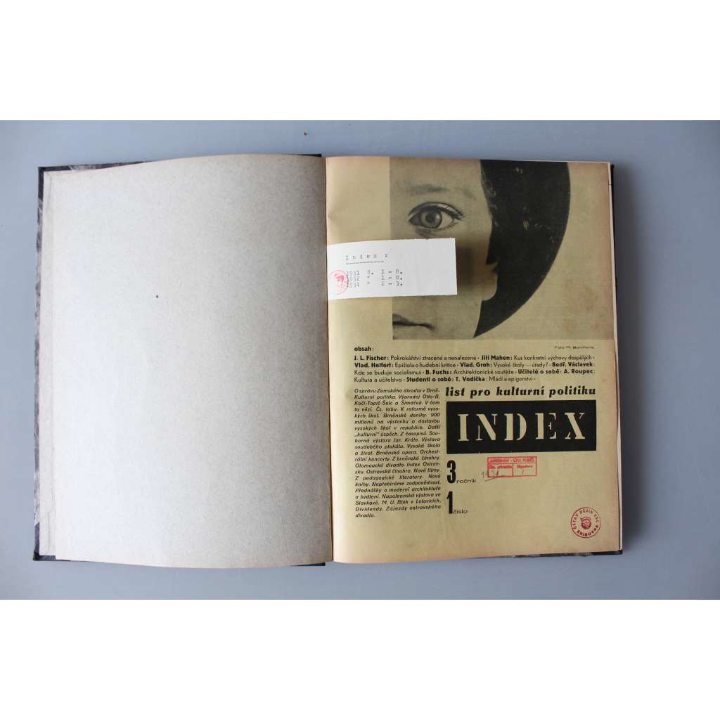 Index. List pro kulturní politiku 1931, 1932, 1934 (časopis, avantgarda, mj. B. Fuchs - Architektonické soutěže; Adolf Loos; Avantgardní filmy; Dessavský bauhaus; J. Kroha - Energetika bydlení; foto Funke, Wiškovský, Moholy-Nagy)