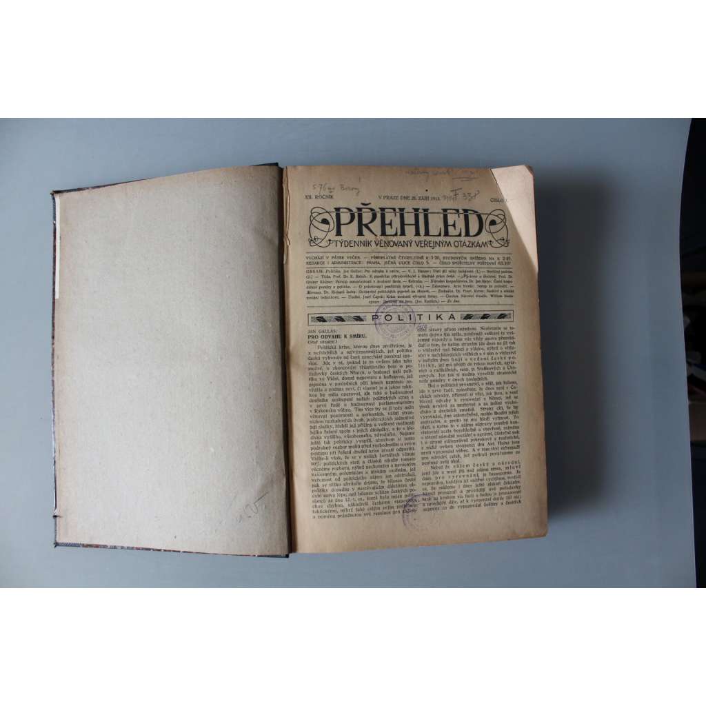 Přehled. Týdenník věnovaný veřejným otázkám 1913-1914, roč. XII (časopis, týdeník, mj. K. Čapek - Sociální filosofie; O rasovém problému Spojených Států, Adrie a česká politika, Ruston-Škoda, O politické kultuře)