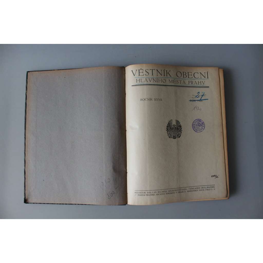 Věstník obecní hlavního města Prahy 1920, roč. XXVII. (časopis, Praha, první republika, mj. Styky Prahy s cizinou, Síně v Obecním domě, Městské zastupitelstvo, Slezská výprava v Praze)