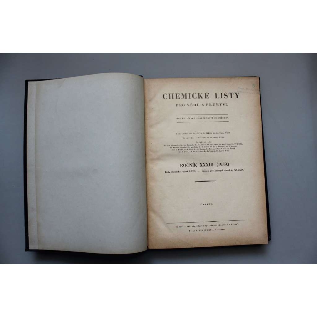 Chemické listy pro vědu a průmysl 1939. roč. 39 (časopis, chemie, mj. O jodovém čísle říčních vod, Hrubé hmoty v odpadních vodách, Naše sklářství v novém státě, Co předcházelo vynálezu daguerrotypie)