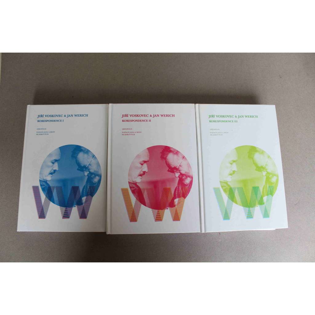Jiří Voskovec a Jan Werich. Korespondence I.-III. (dopisy, film, divadlo, herci; Osvobozené divadlo, emigrace, pozůstalost Jiří Voskovec, mj. Hugo Haas, Miloš Forman, Jaroslav Ježek, Horníček, Trnka)