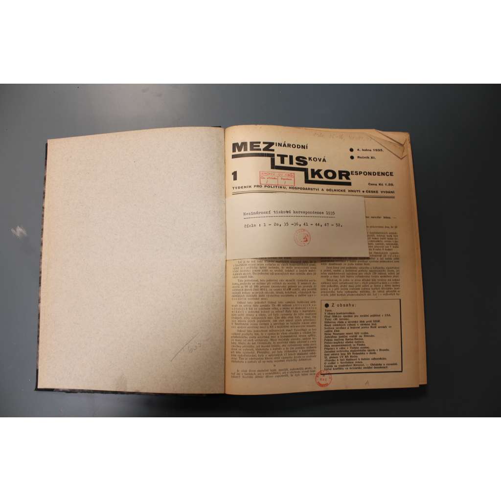 Mezinárodní tisková korespondence pro politiku, hospodářství a dělnické hnutí 1935 (časopis, týdeník, politika, mj. Rákosiho život je stále ještě ohrožen, Hitlerova justice na pranýři, Krachující Německo, Olympiada Hitlerova fašismu)